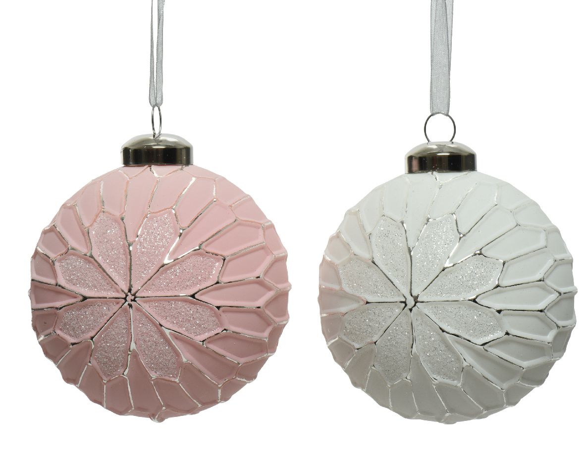 Boule Noel verre relief craie blanc rose - Jardi Pradel - Jardinerie et