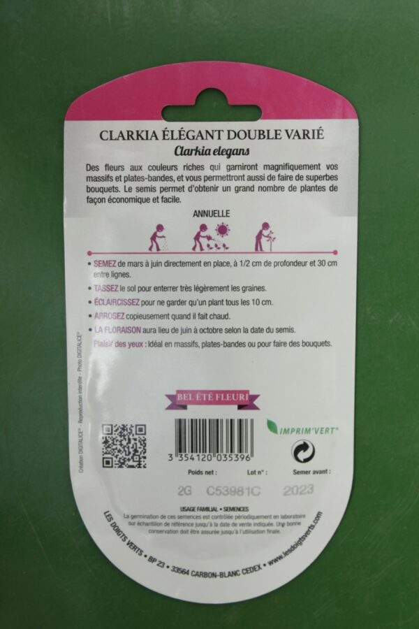 Graines clarkia elegant double varie Doigts Verts Jardipradel 1