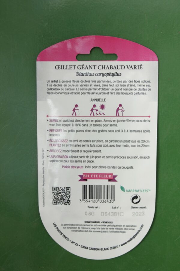 Graines oeillet geant chabaud varie Doigts Verts Jardipradel 1